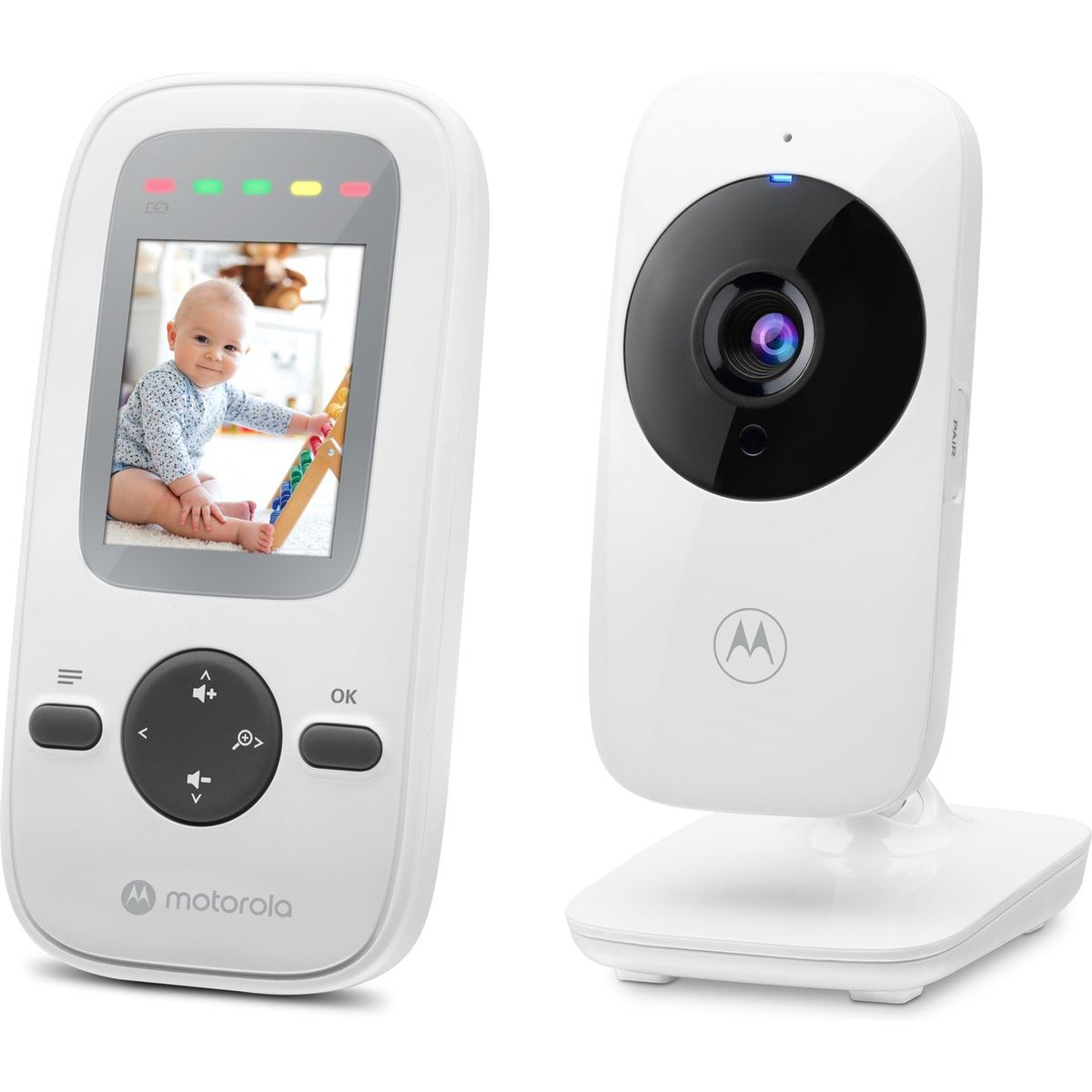 Motorola VM481 video babyfoon – baby monitor met camera – 2 inch kleurenscherm – infrarood nachtzicht – digitale zoom – draadloze babybewaking – bereik tot 300 meter – ouderunit met display – compacte babycamera set wit