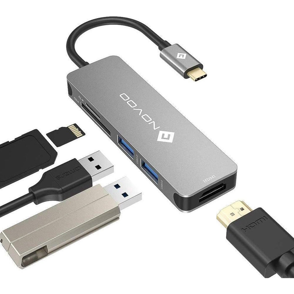 NOVOO 5-in-1 USB C Hub: Essentiële Uitbreiding met HDMI 4K, USB 3.0, en SD-kaartlezers -  SD/MicroSD Kaartlezer - Ideaal voor MacBook, Chromebook en Meer USB-C Apparaten