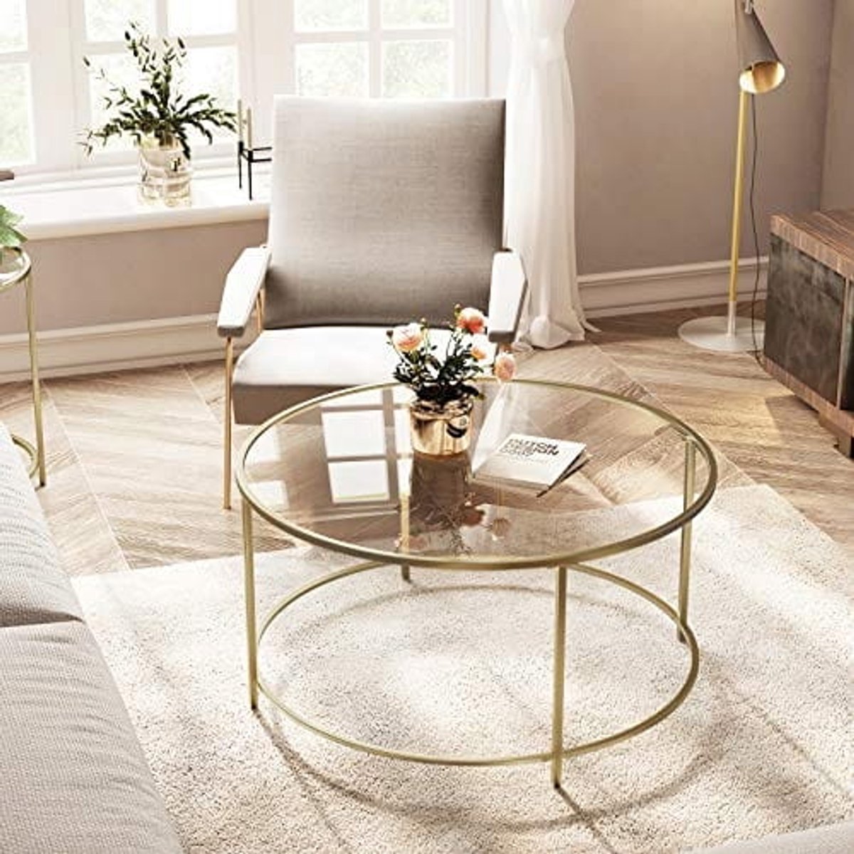 VASAGLE LGT21G Ronde Bijzettafel Goud - Salontafel met Gehard Glazen Blad en Metalen Frame - Moderne Accenttafel voor Woonkamer Slaapkamer Hal of Kantoor - Gouden Tafel 55 x 55 x 55 cm