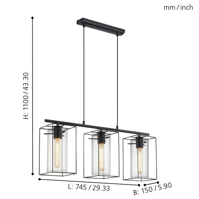 LONCINO Hanglamp - Industrieel Stalen Design - Zwart-Transparante Gerookte Glazen Kap - Moderne Plafondlamp - Geschikt Voor Woonkamer, Eetkamer, Keuken - 745mm Lang - Hoogte Verstelbaar Tot 1100mm - Geschikt Voor E27 Fitting