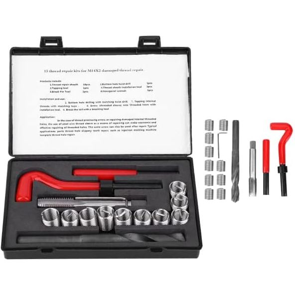 Compleet 15-Delig Schroefdraadherstel Gereedschapsset voor M14 x 2 Schroefdraden - Inclusief RVS Gereedschap, Draaiboormachine, Schroeftap & Meer, Verpakt in Handige Draagtas voor Professioneel en Doe-het-Zelf Gebruik