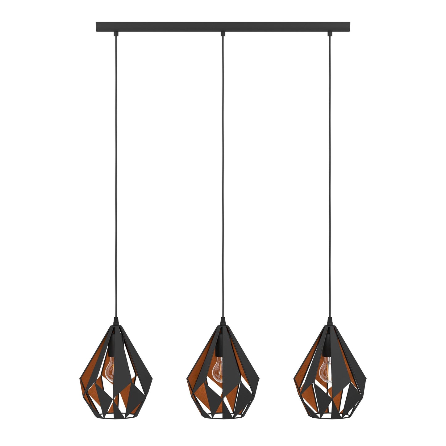CARLTON 1 Hanglamp - Geometrisch Design in Zwart Metaal Met Koperkleurige Binnenkant - 3 Ruitvormige Kappen - Industriële Hanglamp - Geschikt Voor Woonkamer, Eetkamer, Keuken - 805mm Lang - E27 Fitting