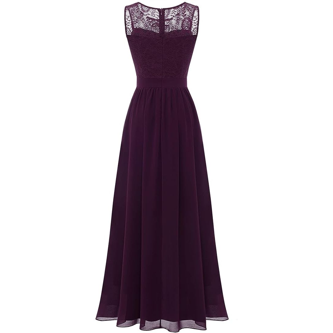 Lange Avondjurk Dames – Kanten Cocktailjurk Maxi Jurk Voor Feest – Chiffon Galajurk Met Ronde Hals – Ankle Length Jurk Voor Trouwfeest Ceremonie Prom Bruidsmeisje – Elegante Jurk Met Effen Kleur – XL Maat 142cm Lang