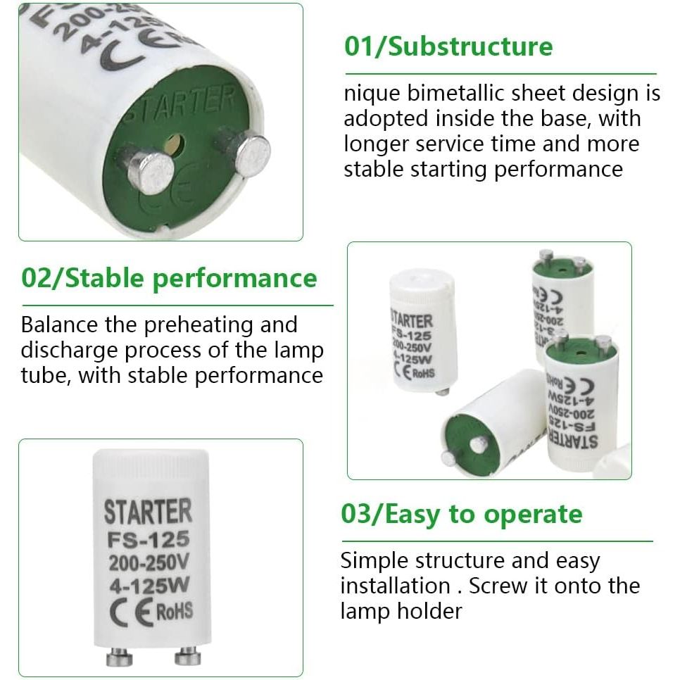 BlueXP Fluorescent Starter Set – 10 Stuks – Geschikt voor TL-Buizen 4-125W – 220-240V Longlife Starter – Betrouwbare Ontsteking voor TL-Lampen en Fluorescentiebuizen – Compacte 20x40mm Starter (Niet voor LED)