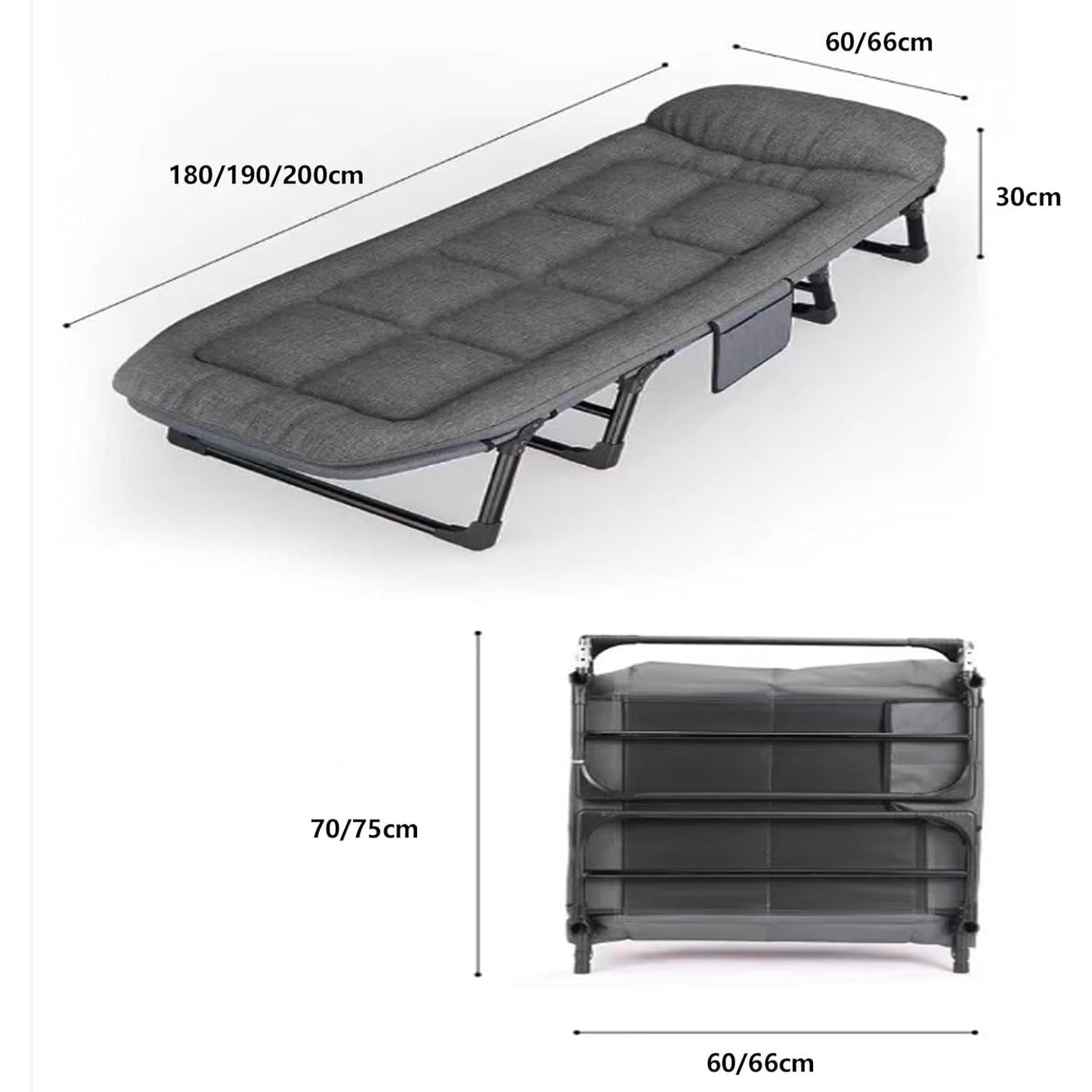Opvouwbaar Logeerbed met Verstelbare Rugleuning – 6 Posities – Inklapbaar Bed met Matras en Zijvak – 180 × 66 × 30 cm – Voor Binnen & Buiten, Kantoor of Reizen