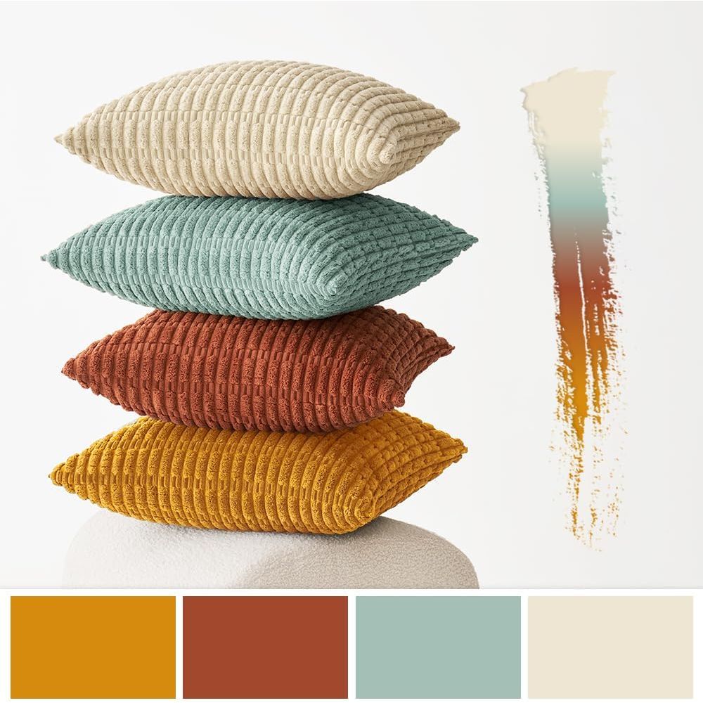 Boho Farmhouse Corduroy Kussenhoezen - 50 x 50 cm - Decoratieve Kussenhoezen voor Woonkamer, Bank, Bed of Veranda - Zacht Gestreept Design - Oranje en Teal - Met Onzichtbare Rits