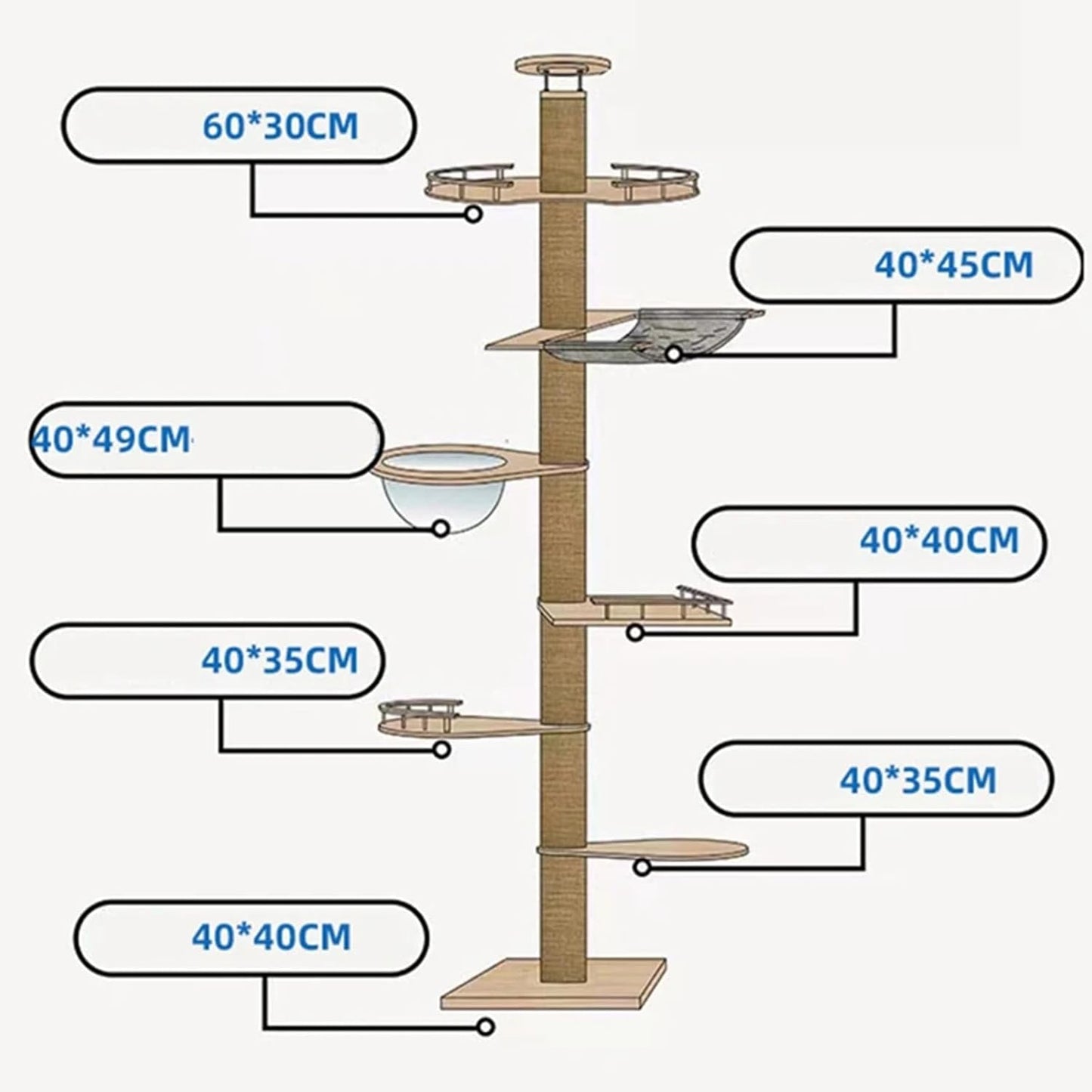 Plafondhoge Krabpaal Kat – Verstelbare Kattenboom 255-265cm – Hoge Klimboom Met U-Vormige Hangmat, Ruim Kattenhuis, Dubbele Uitkijkpost & Krabpalen – Kattenmeubel Voor Binnen – Klimtoren Voor Grote Katten – DIY Indeling