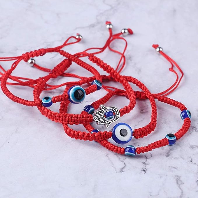 5-Delige Set Verstelbare Evil Eye Armbanden - Rood Koord met Beschermend Boze Oog - Handgeweven, Modieus en Stevig - Universeel Draagbaar voor Iedereen