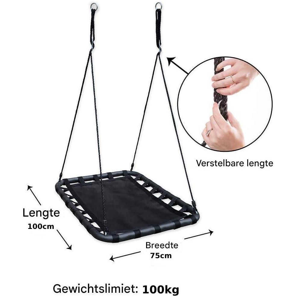 Rechthoekige Hangende Boomschommel - Vliegend Platform Metaal Frame - Speeltuin voor Achtertuin Touwschommel - Weerbestendige Kinderschommel met Verstelbare Touwen - Groot Zitvlak voor Meerdere Kinderen - 100x76cm - Eenvoudig Te Installeren
