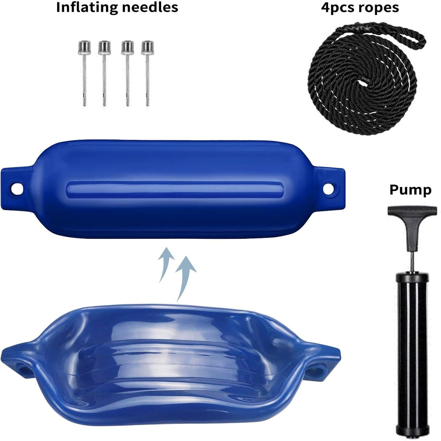 4 Stuks – Opblaasbare Bootfenders 11,5 x 40,6 cm – Sailortenx Ribbel Botenfenders – Blauwe Bootstootwillen met 2 Ogen – Inclusief 2 Meter Touwen, Handpomp en Naalden – Fenders voor Jacht, Sloep, Roeiboot, Ponton, Rubberboot of Kajuitboot