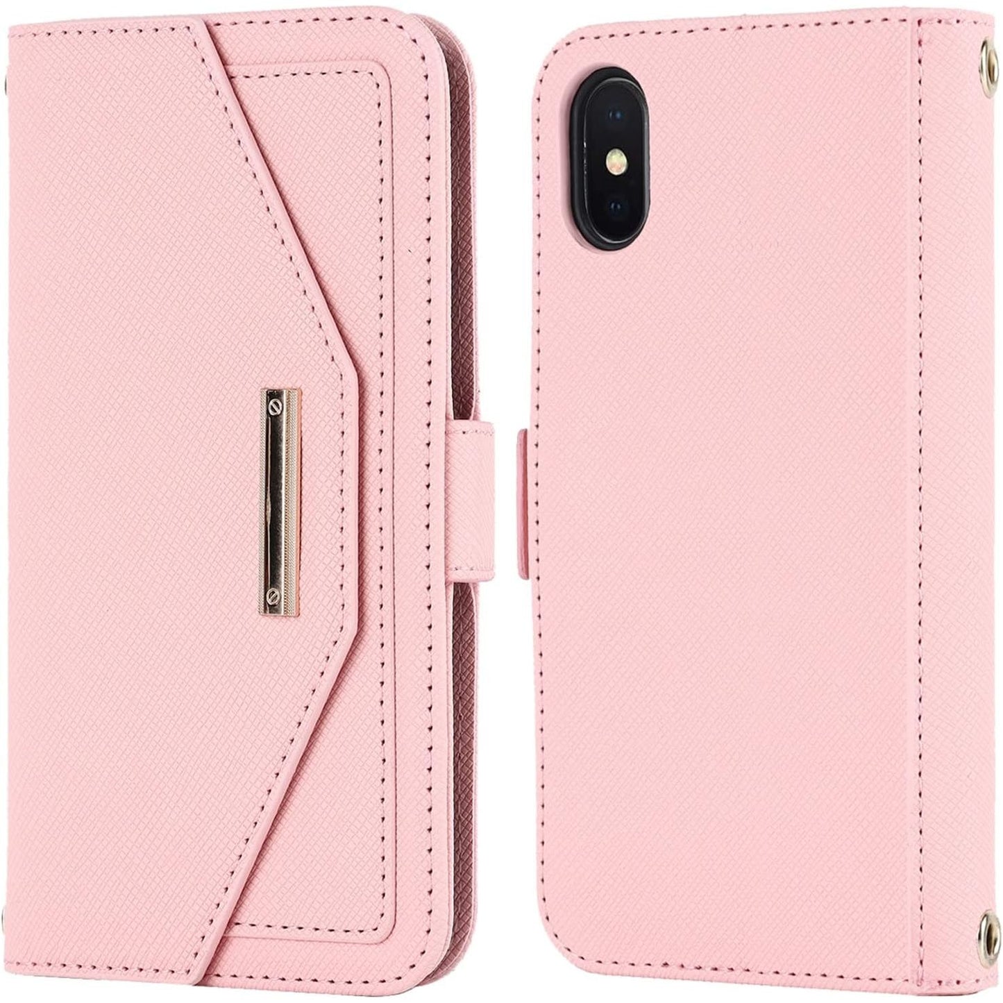 Veelzijdige portemonnee voor iPhone Xs/iPhone X hoesje met verstelbare nekband - Creditcardhouder - 5.8" - PU lederen handtas portemonnee - Staande spiegel make-up hoesje met houder - Voor mannen vrouwen meisjes - Roze