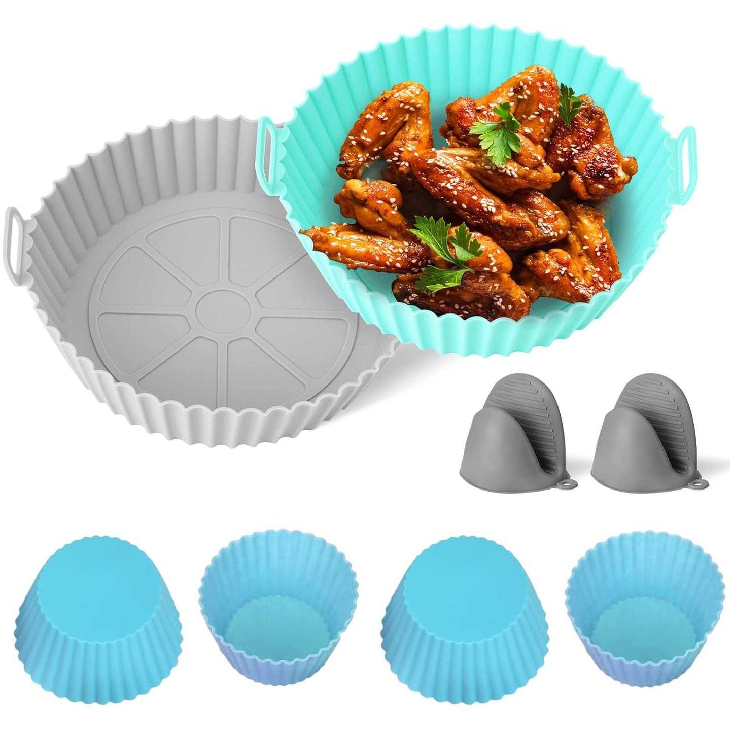 8 Delige - Set Siliconen Airfryer Liners Met 7.5inch - Ronde Siliconen Airfryer Pot Herbruikbaar - Siliconen Airfryer Mandje met Handvat - Gemakkelijk Schoon te Maken Voedselveilige Airfryer Accessoires (Blauw+Grijs)