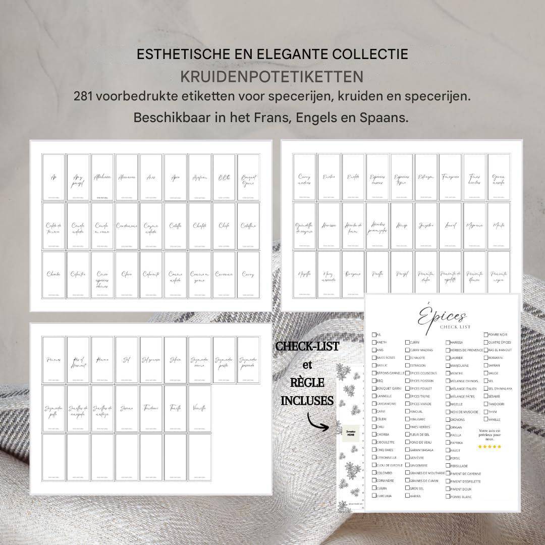 281 Stuks Spice Jar Labels - 6 x 3 CM - Minimalistische en Moderne Vinyl Stickers voor Kruidenpotten - Voorraadpot Labels in Frans, Engels en Spaans - Waterdicht en Duurzaam - Inclusief Liniaal en Checklist - Klaar voor Gebruik