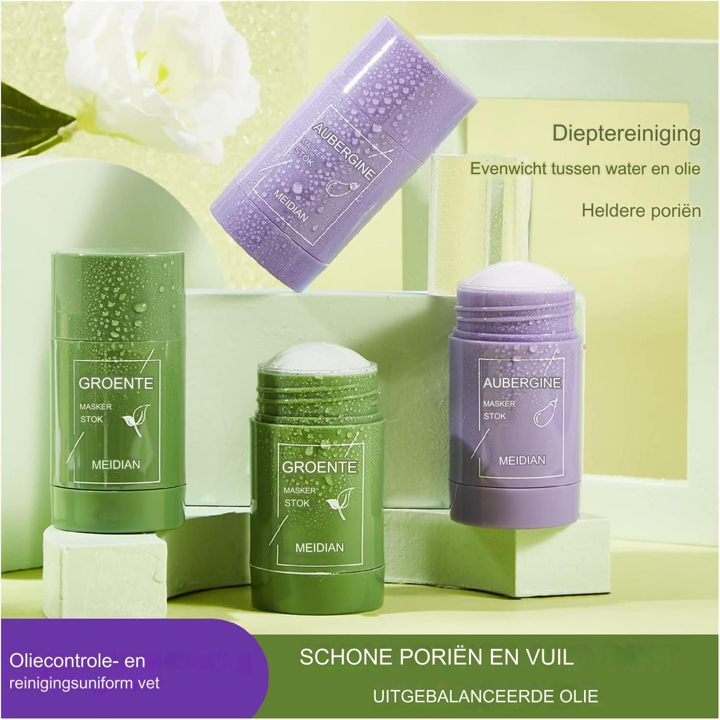 2 Stuk Stickvorm Gezichtsmasker met Groene Thee en Aubergine - Reguleert Overtollige Olie, Diepe Reiniging en Verwijdert Mee-eters