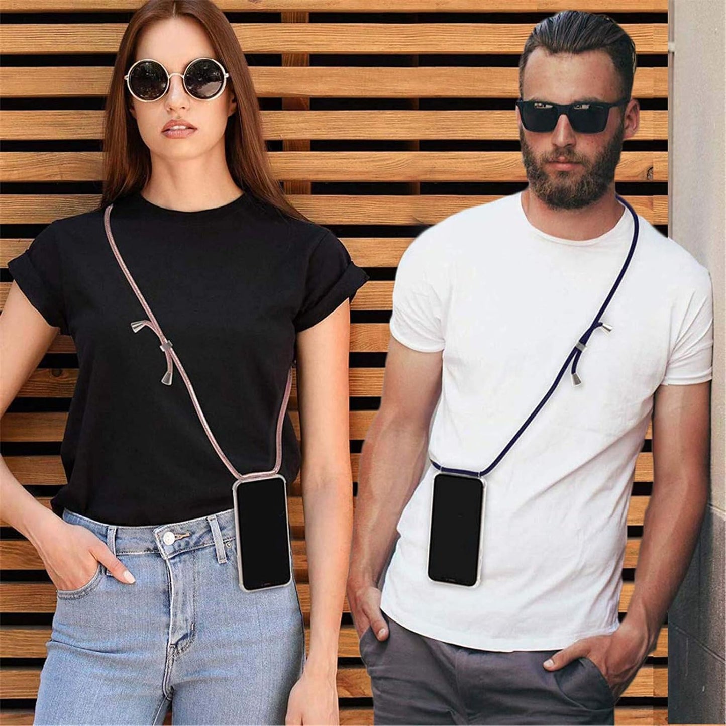 Schokbestendige Siliconen Hoes met Ketting voor Xiaomi Redmi 12C - Verstelbare Nekkoord, Transparant met Gehard Glas Schermbeschermer - Zwart of Roze