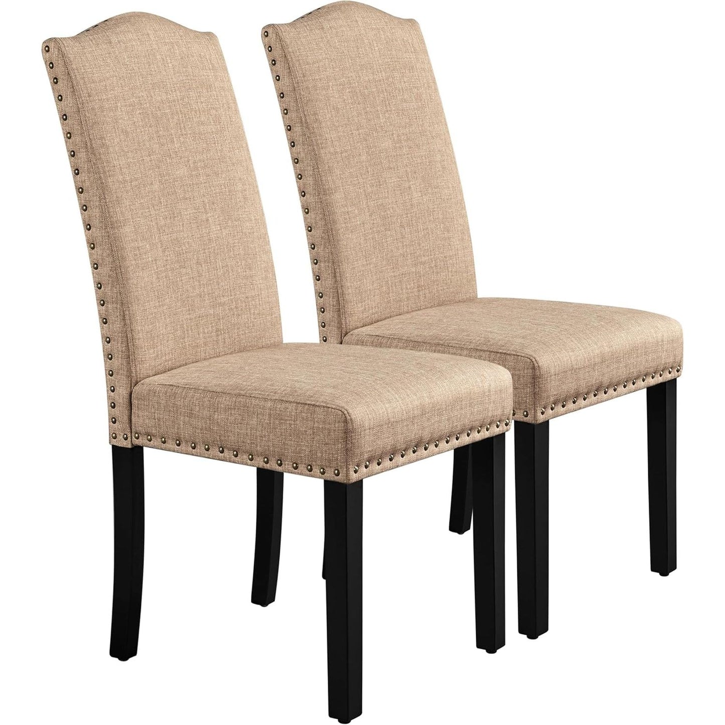 2 stuks eetkamerstoelen met hoge rug – gestoffeerde stoffen dining chairs – Parsons stijl stoel met houten poten – nagelrand afwerking – keukenstoel set khaki – 45.5 x 62 x 103 cm – moderne eetkamerstoelen met verstelbare poten