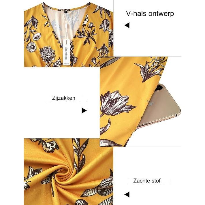 Vrouwen Zomerjurk - Zomerse Jurk met Korte Mouwen - Wikkeljurk met V-hals en Zakken - Knielengte Jurk met Zakken - Zomerse Kleding voor Dames met Korte Mouwen - Vrouwelijke Zomerjurk met Zakken - Zomerjurk met V-hals - Zomerse Knielengte Jurk met Zakken