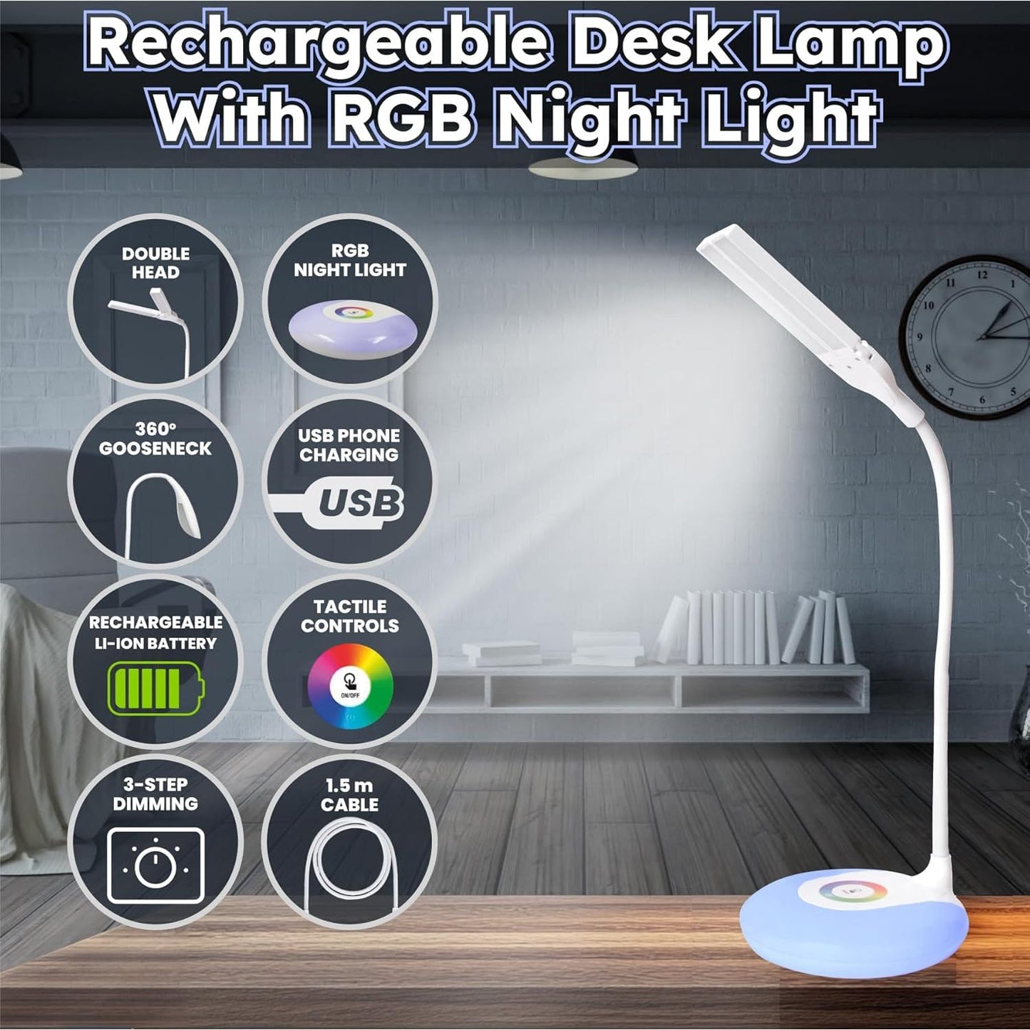 O'goods LED bureaulamp oplaadbaar – RGB nachtlamp met flexibele zwanenhals – 140 lumen dimbare tafellamp – verstelbare dubbele lampkop – USB oplaadpoort bureaulamp – touch bediening – draadloze bureau verlichting