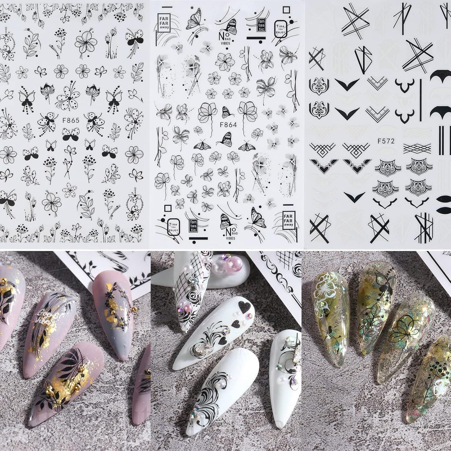 6 Vellen Nagelstickers - Zelfklevende Nail Art Stickers Met Bloemen En Vlinderpatroon - DIY Nagel Decals - Lichtgewicht Waterproof - Elegante Nagelversiering Voor Vrouwen En Meisjes - Botanisch Thema - ChouchouClip Stijl