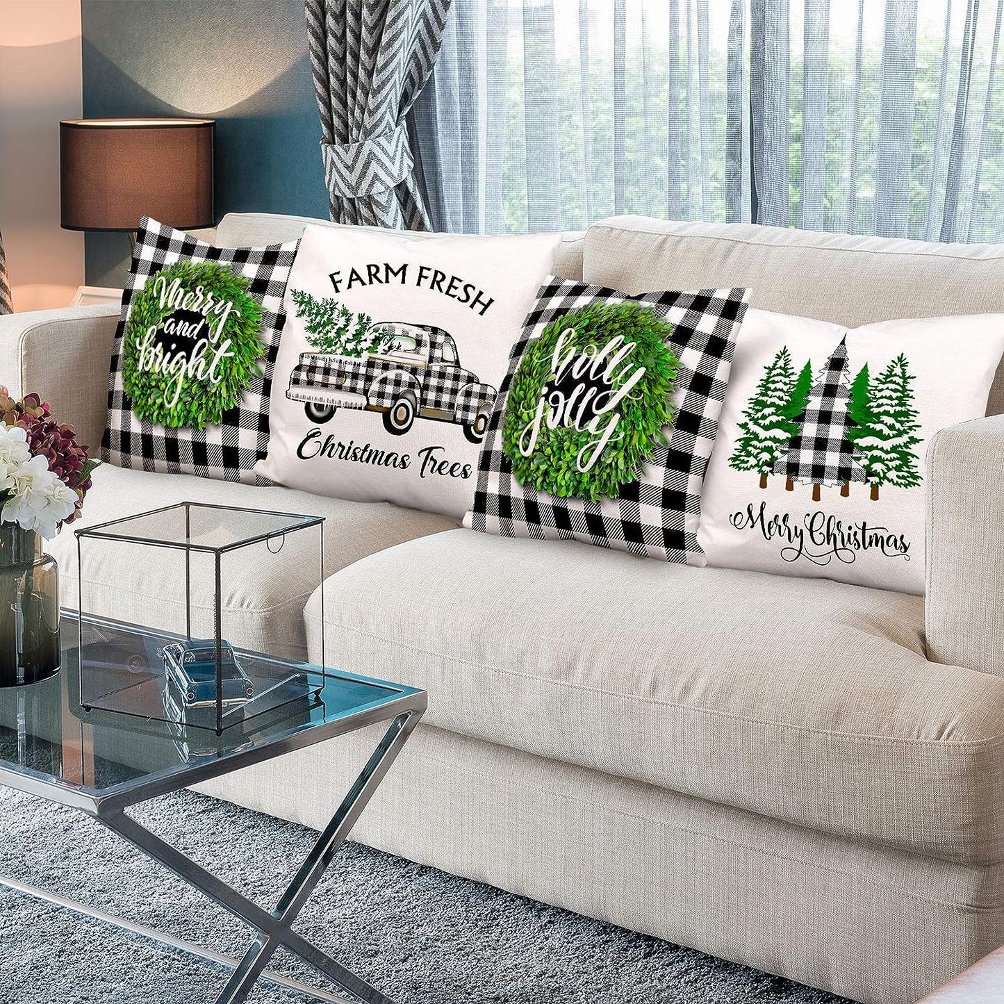 Set van 4 - Kerst Kussenhoes - Zwart Wit Plaid Design - Feestelijke Decoratie - 45 x 45 cm