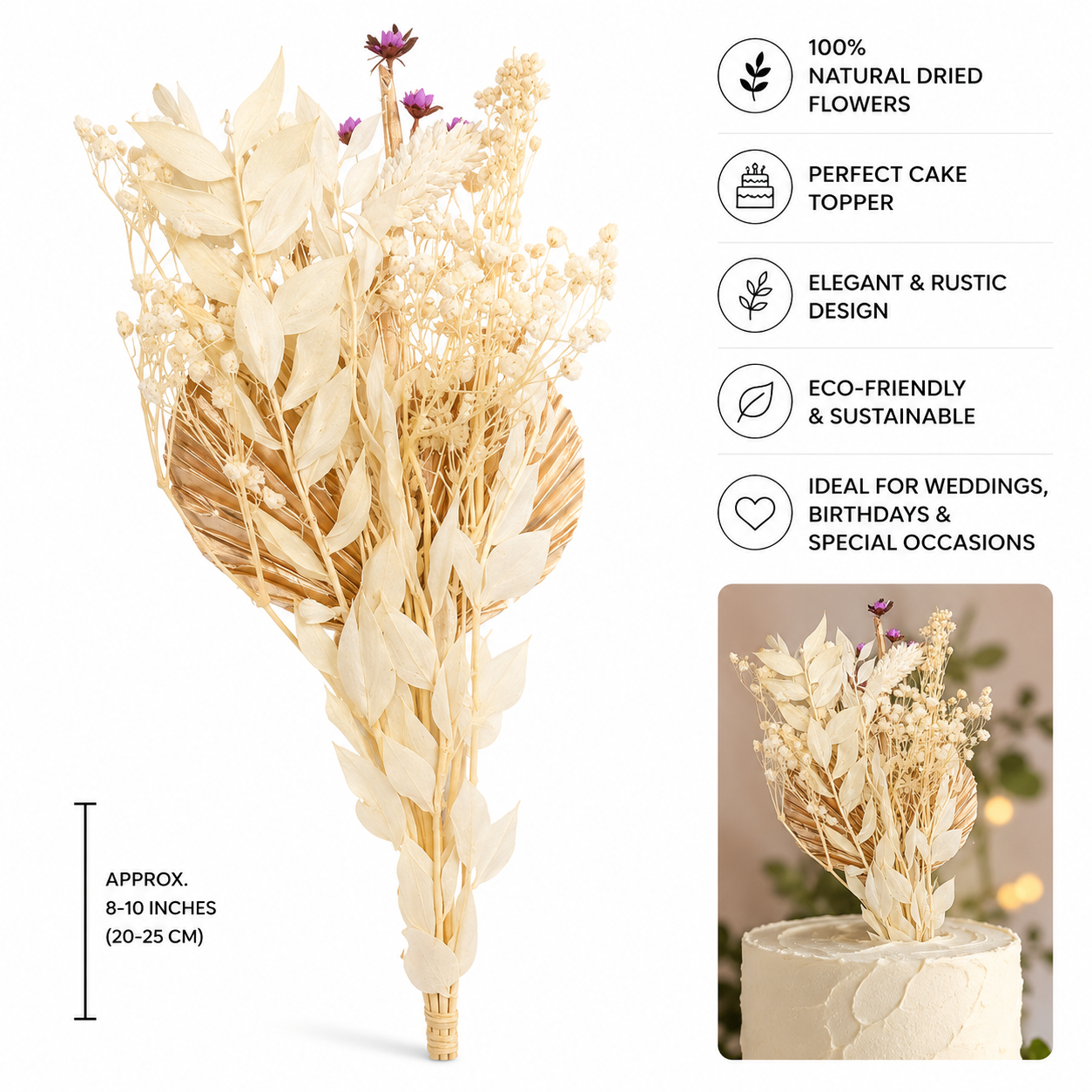 Gedroogde Bloemen Cake Decoratie - Gouden Palmblad Cake Topper met Bunny Tails en Ruscus - Droogbloemen Boeket voor Taart Decoratie Bruiloft Verjaardag Babyshower Feest en Bloemstuk Styling 30,5cm