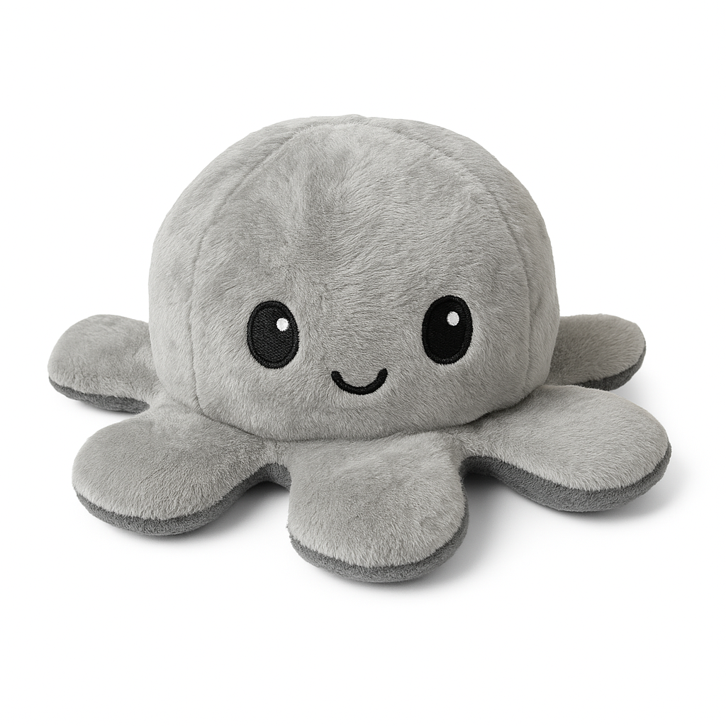 Omkeerbare Octopus Knuffel – Mood Knuffel met Emotie – Schattige Flip Knuffel – Emotionele Support – Zacht Pluche – Dubbelzijdig – 20x20x10 cm – Kleur Wisselend Gezicht - Zwart - Grijs