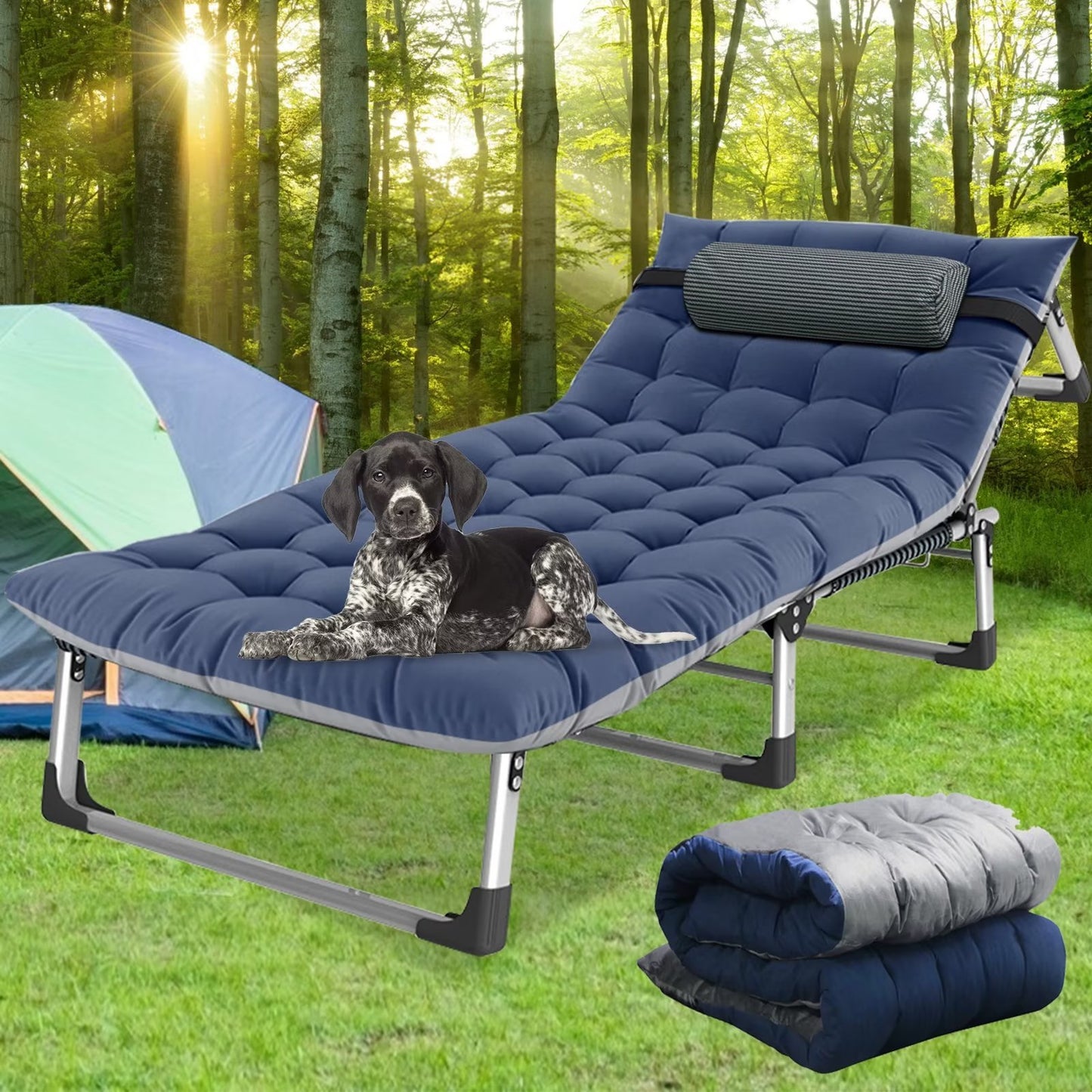 Opvouwbare Ligstoel – Draagbaar Campingbed voor Volwassenen en Kinderen – Sterke Stalen Constructie met Dubbel Laags 1200D Oxford Stof – Comfortabel Strandbed, Reisbed of Logeerbed – Inklapbaar Vouwbed met Hoofdkussen – Groen Gestreept Ontwerp