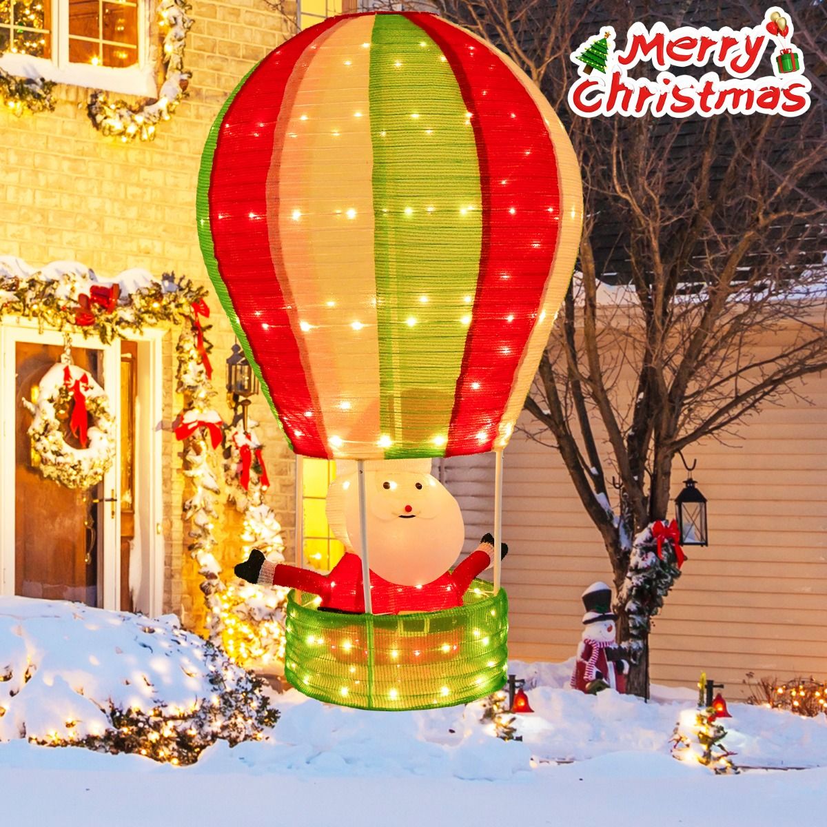 135 cm Kerstman Heteluchtballon - Verlichte Kerstdecoratie met 160 LED-Lampjes - Pop-Up Ontwerp - Metalen Frame en Polyester - Inclusief Grondspikes en Kabelbinders - Voor Binnen en Buiten - Rood, Groen en Wit