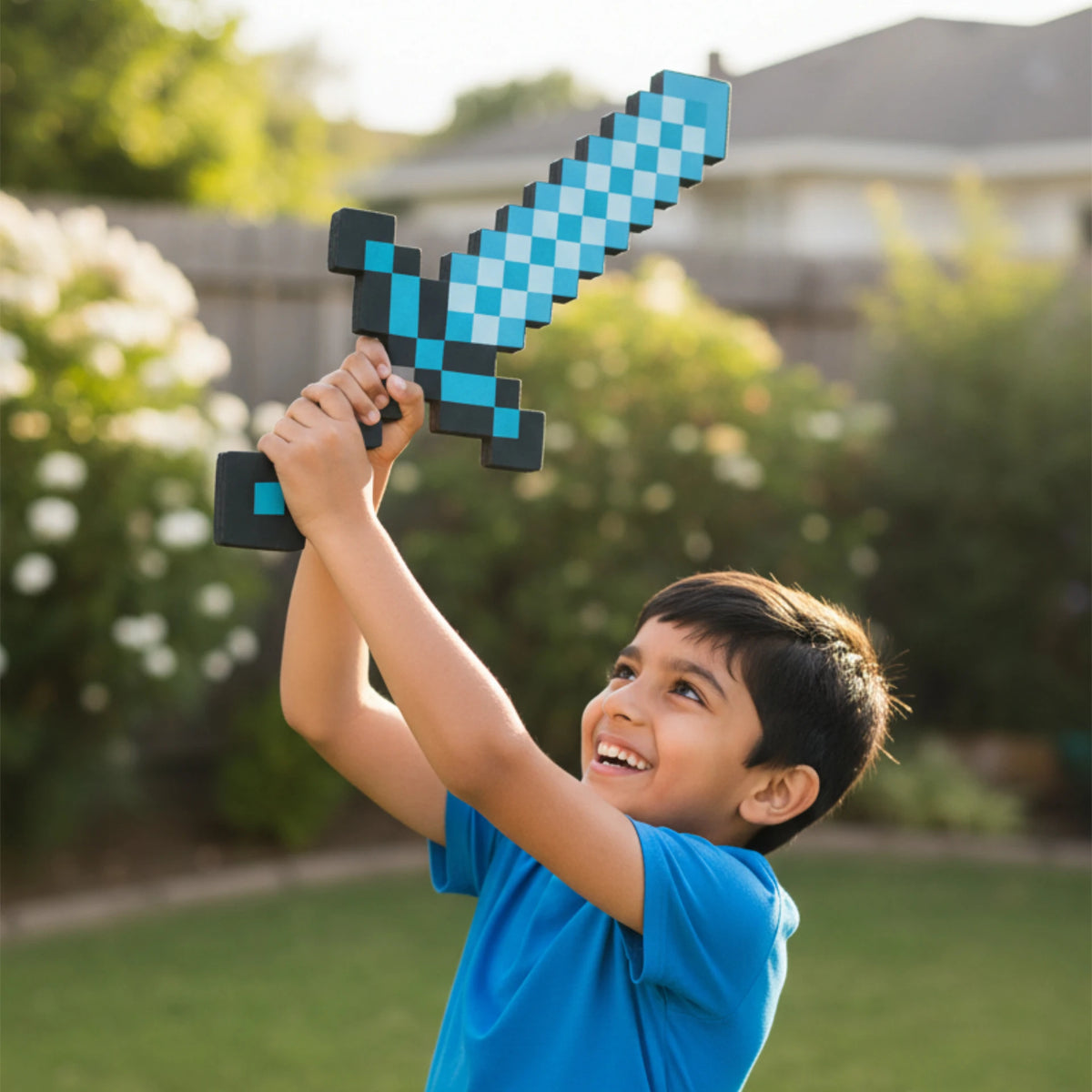 Minecraft Pixel Foam Diamond Zwaard Blauw 61 cm - Schuim Zwaard met Gepixeld Diamond Design - Foam Speelgoedzwaard 30 cm Breed - Minecraft Sword van Zacht Schuim - Blauw Pixelzwaard voor Verkleedspel Cosplay en Decoratie