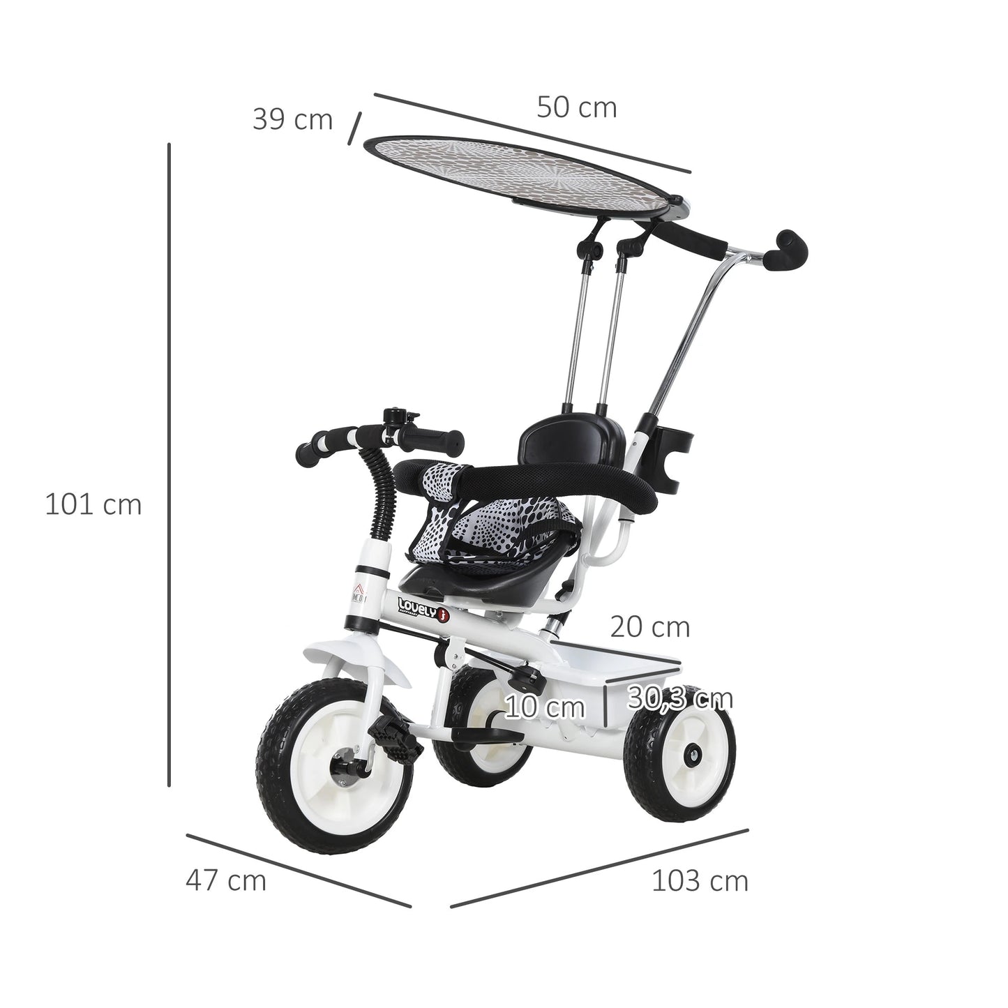 Kinder Driewieler – Met Duwstang – 3 Wielen – Met Bel en Zonnescherm – Verstelbare Ouderhandgreep – Met Opslagmand – Geschikt vanaf 18 Maanden – Stevig Metalen Frame – Max. 25 kg – Wit/Zwart