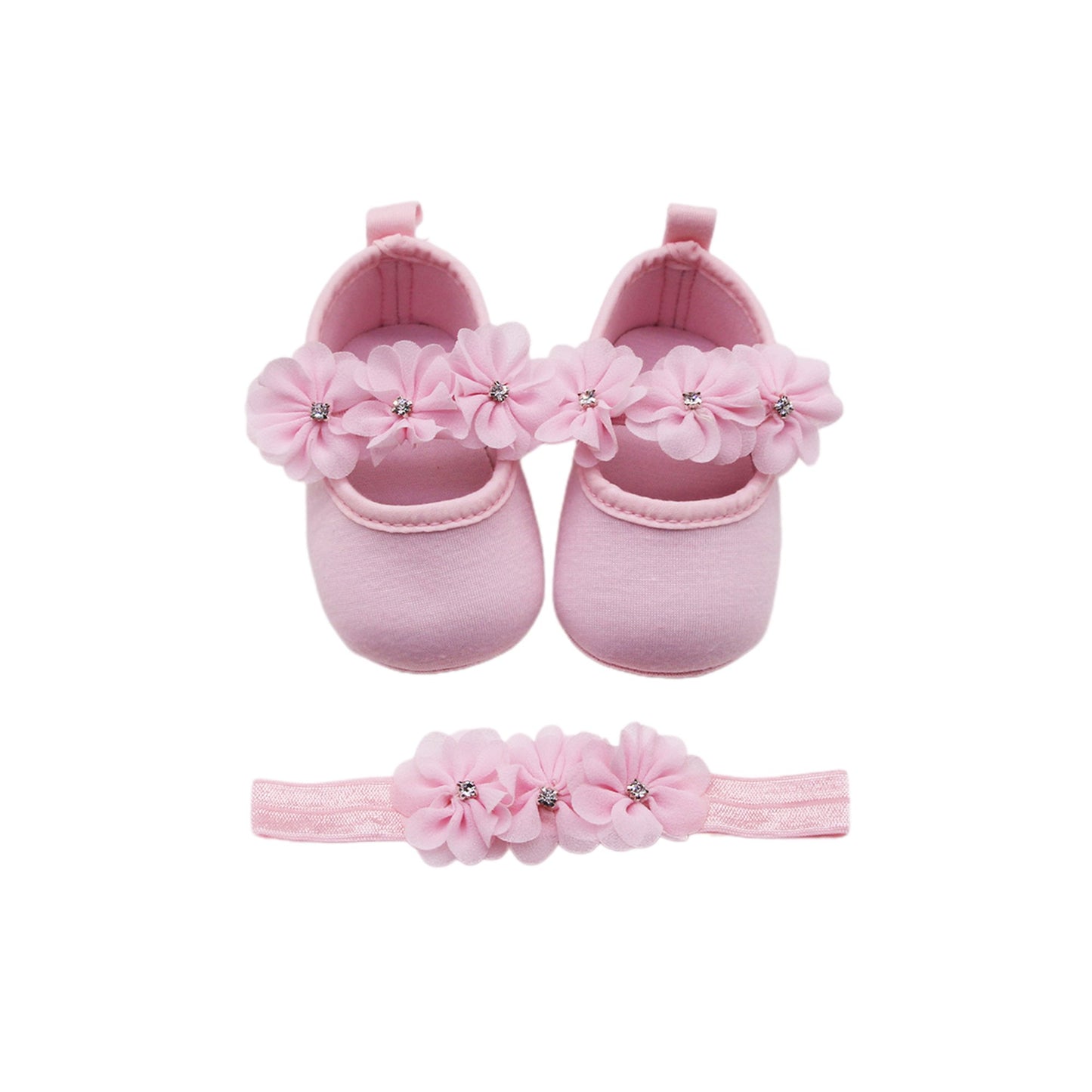 Katoenen Baby Schoenen - Maat 17 - Inclusief Hoofdband - Baby Slippers - Slofjes - Met anti- Slip Zool - Met Stoffen Bloemetjes - Ademend - Lichtgewicht - Roze