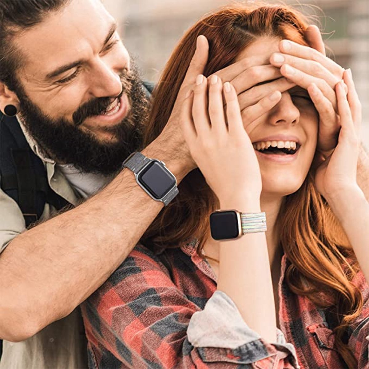 Gewoven Vervangende Band Geschikt voor Apple Watch - Nylon stof met Leren Voering en Kliksluiting - Geschikt voor Apple Watch 38mm - 40mm - Series 7/6/5/4/3/2/1 SE - Grijs - Unisex