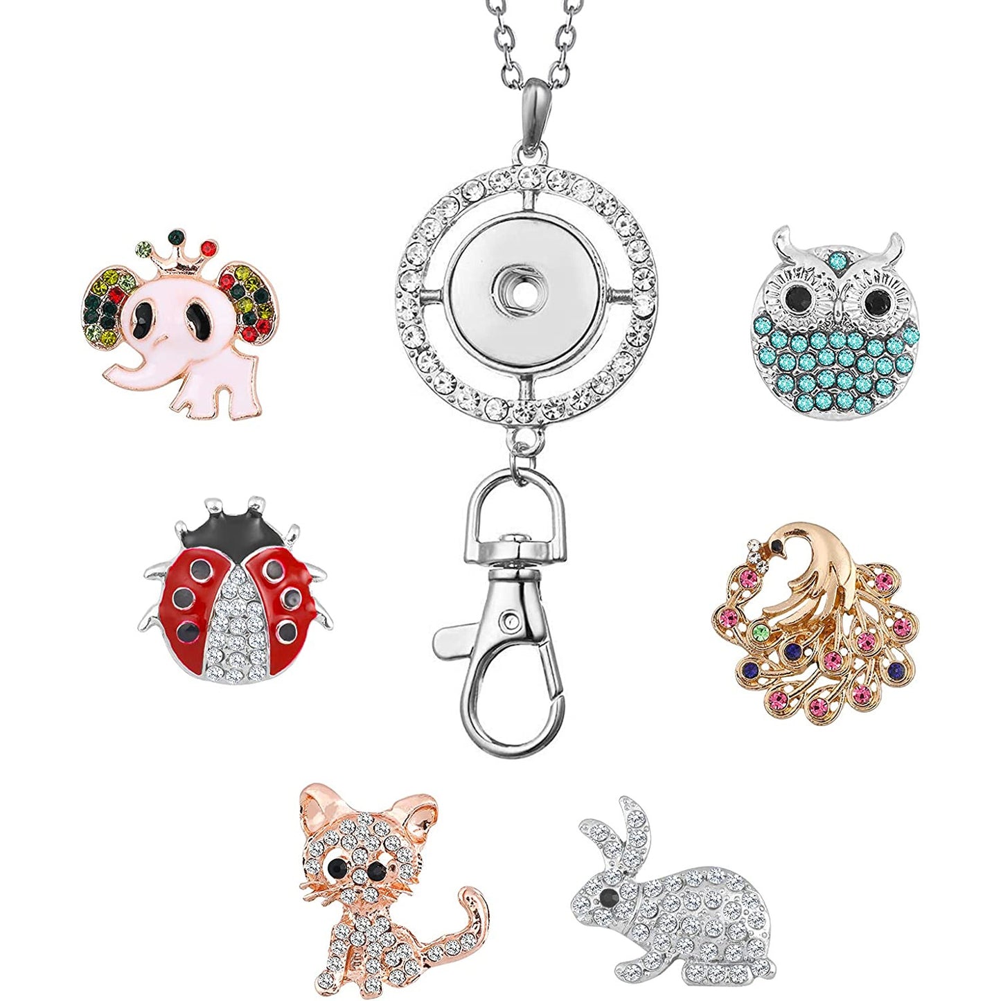 Sleutelhanger Ketting Met Verwisselbare Drukknopen - Lanyard Hanger - Sleutelhanger Ketting - Inclusief 6 Pendants - Dieren Hangers - Snap Ketting - Vervangbare Charms Met Drukknopen