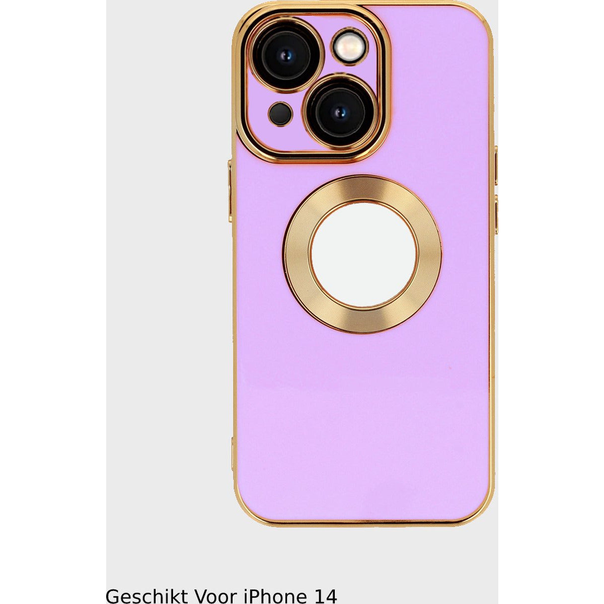 Back Cover Hoes - Geschikt Voor Apple iPhone 14 - Achterkant Hoesje met Zichtbaar Logo - Zachte Siliconen Hoes - Volledige Cameralens Bescherming - Telefoonhoesje - Flexibel - Unisex - Goudkleurig / Paars