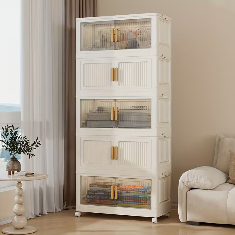 Opvouwbare opbergkast met 5 lagen – 110 cm hoog – verrijdbare plastic kast met dubbele deuren en wielen – 45 x 27 cm – ruimtebesparend opbergsysteem – inklapbare multifunctionele kast – ideaal voor speelgoed, boeken en huishoudartikelen