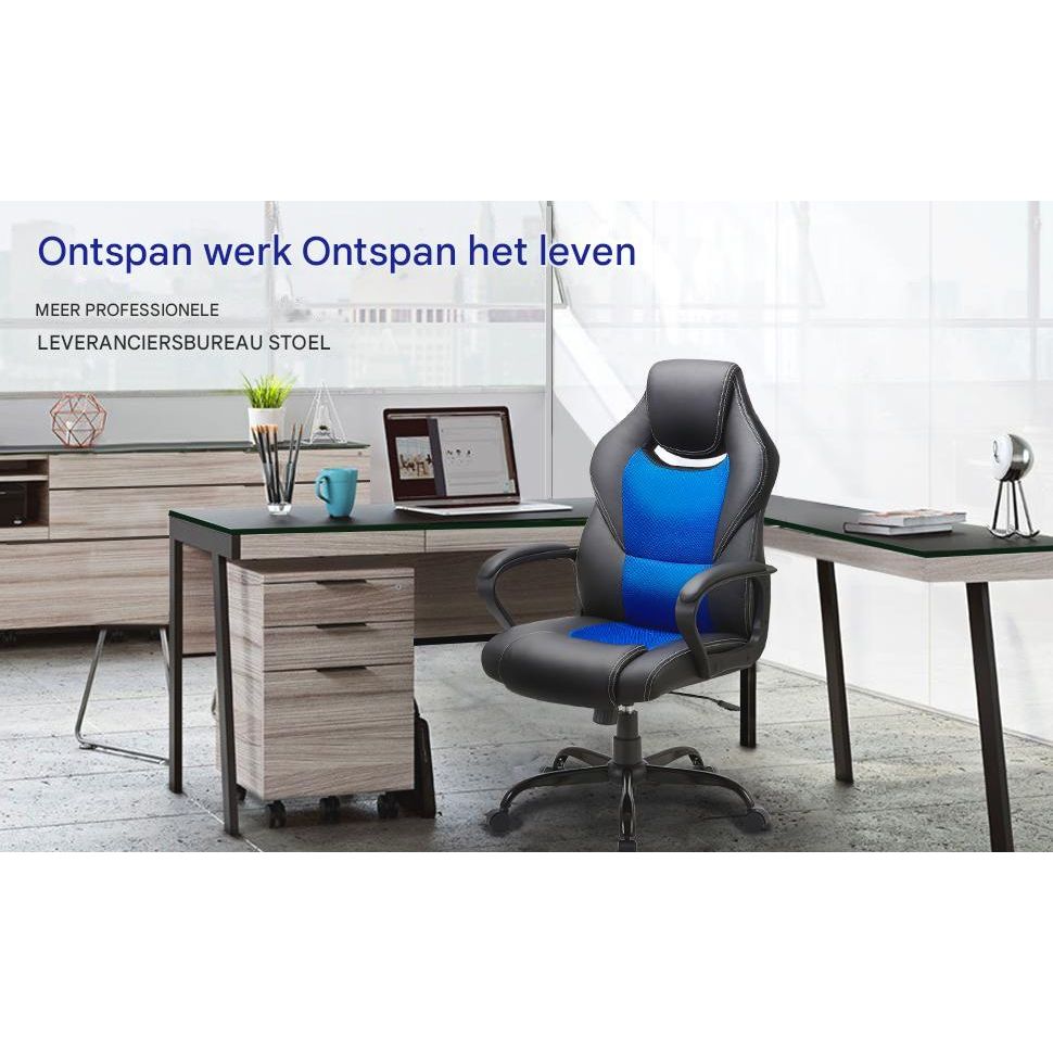 Ergonomische Gaming Stoel - Bureaustoel met Hoofdsteun en Armleuningen - Racingstoel voor Kantoor en Thuis - Verstelbare Rugleuning en Zithoogte - Comfortabele en Stabiele Computerstoel - Bureaustoel - Zwart en Blauw