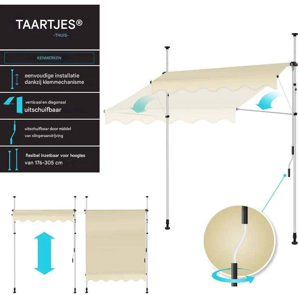 Inklapbare Klemluifel – Hoogwaardige Zonluifel – Montagehoogte 210-300 cm – UV-Bescherming – Water- en Vuilafstotend – Polyurethaan-Coating – Handmatige Slengel van 125 cm – Diagonaal / Verticaal Uitschuifbaar – Stalen Frame – 180 cm Uitschuiflengte