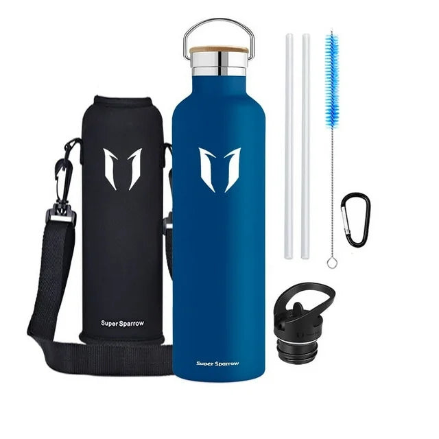 Super Sparrow 750ml of 1000 ml Dubbelwandige RVS Waterfles - Inclusief Sportdop & Karabijnhaak - BPA-Vrij - Isolerend Ontwerp voor Warme & Koude Dranken