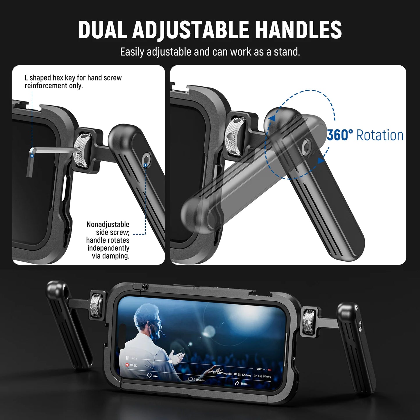 NEEWER 15 Pro Handheld Telefoonkooi Kit Video Rig met Dubbele Handvatten - Compatibel met iPhone 15 Pro - Smartphone Video Rig - 1/4 inch schroefaansluiting - Zwart