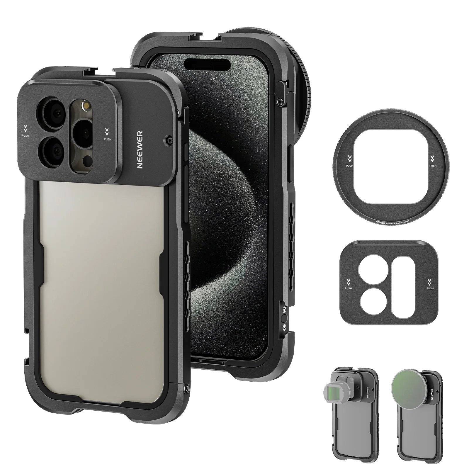 Neewer - Metalen Videocage voor iPhone 15 Pro - Bescherming & Verbeterde Vlog Ervaring - Compatibel met MagSafe & PA010 - Geen Montage Nodig - Lichtgewicht Aluminium & Rubber - Inclusief 67MM Filter- & 17MM Lenshouder - PA023