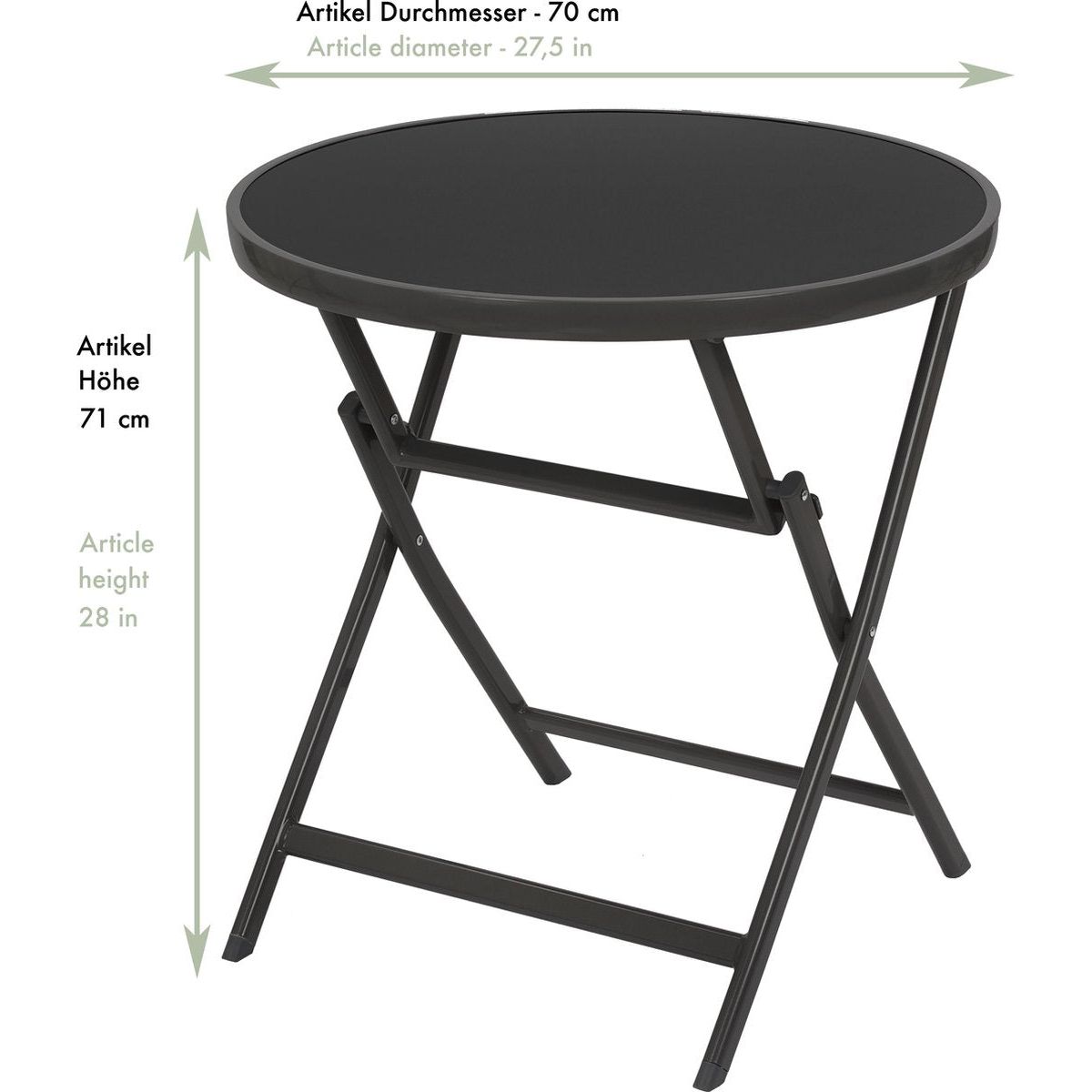 BRUBAKER Milano – Inklapbare Ronde Tafel – Ø 70 cm – Glazen Tafelblad – Metaal – Weerbestendig – Antraciet – Te Gebruiken als Bijzettafel of Eettafel – Voor Binnen en Buiten