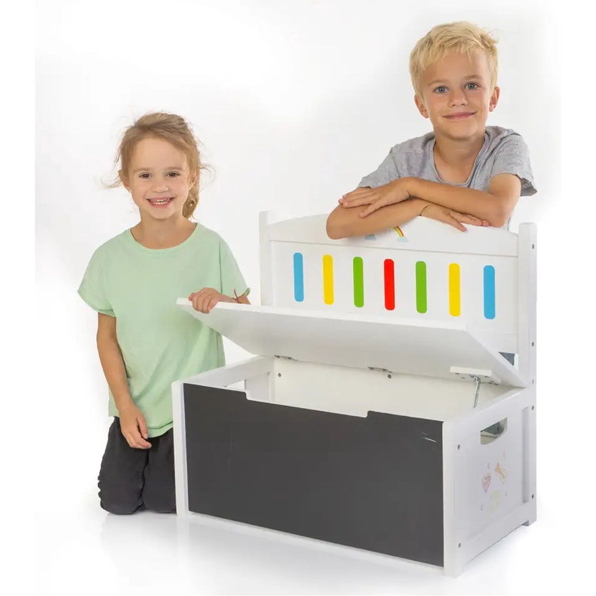 Spielmaus Houten 3-in-1 Kinderbank – Zitbank met Opbergruimte en Schoolbord – Speelbank voor Kinderen – Inclusief Krijt en Spons – Wit – 60x31,6x55,6 cm – Max. Draagvermogen 50 kg