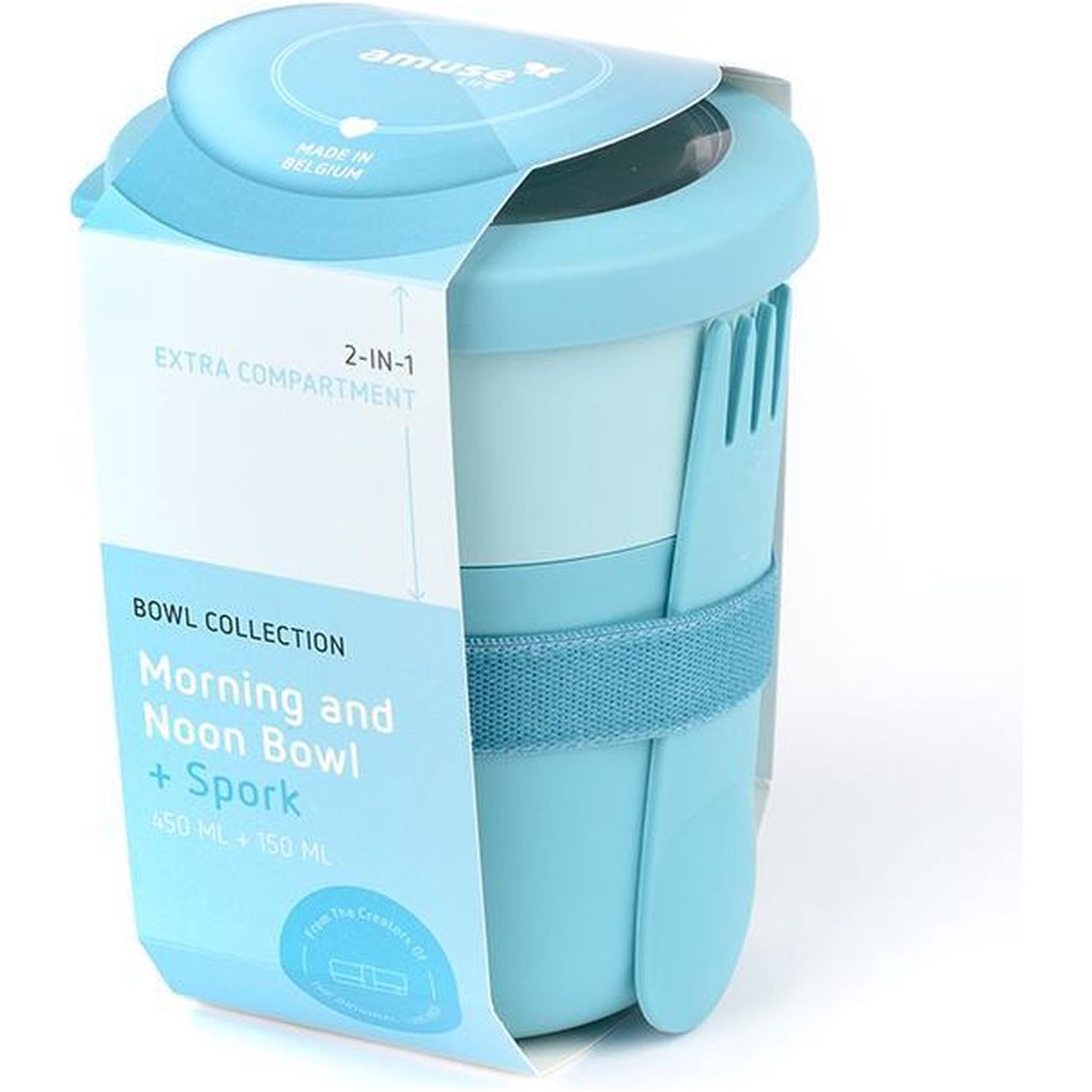 Amuse Life Lunchpot Ontbijtbeker – Ontbijt- en Lunchpot met 2 Compartimenten – 500ml + 150ml – Inclusief Spork en Elastische Band – Handig, Lekvrij en Stijlvol – Blauw – Voor School, Werk en Onderweg