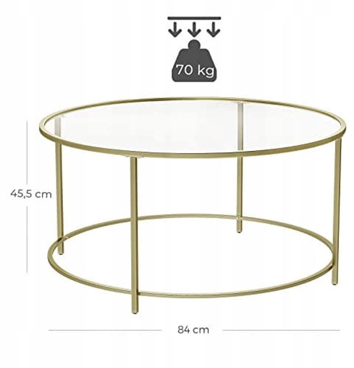 VASAGLE LGT21G Ronde Bijzettafel Goud - Salontafel met Gehard Glazen Blad en Metalen Frame - Moderne Accenttafel voor Woonkamer Slaapkamer Hal of Kantoor - Gouden Tafel 55 x 55 x 55 cm