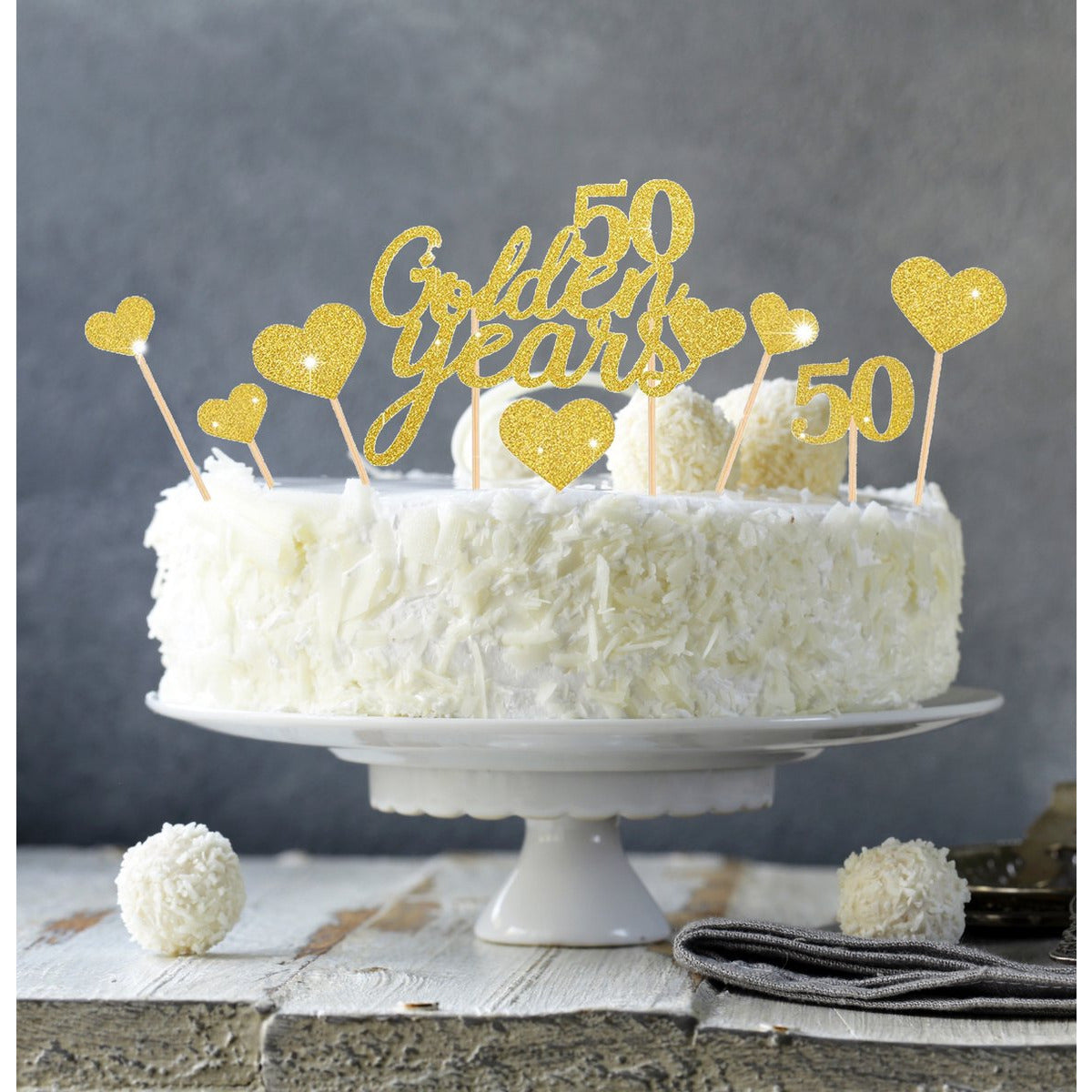 13-Delige - 50 Golden Years Taarttopper Set - 50e Verjaardag & Bruiloft Jubileum Decoratie - Goud Glitter Design - Taart Decoratie ~Topper - Papier - Herbruikbaar