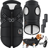 Hondenjas M – Hondenvest Met Harnas – Gewatteerde Winterjas Voor Honden – Waterdicht Gevoerd Vest – Met Reflecterende Strepen – D-Ring – Inclusief 45 Poepzakjes Met Dispenser – Warme Hondenvacht Voor Koud Weer – Zwart