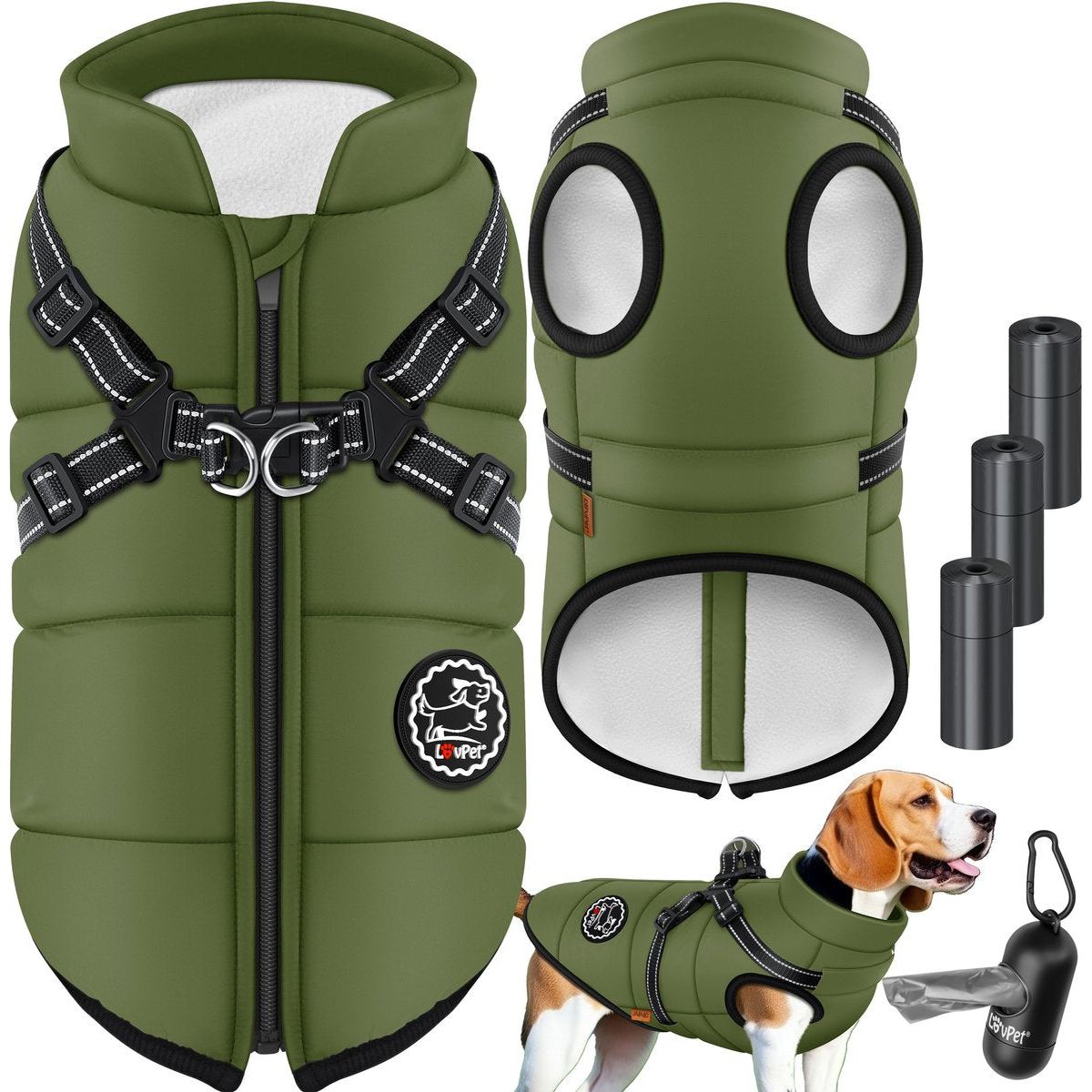 Hondenjas XL – Hondenvest Met Harnas – Gewatteerde Winterjas Voor Honden – Waterdicht Gevoerd Vest – Met Reflecterende Strepen – D-Ring – Inclusief 45 Poepzakjes Met Dispenser – Warme Hondenvacht Voor Koud Weer – Zwart / Groen