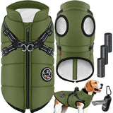 Hondenjas XL – Hondenvest Met Harnas – Gewatteerde Winterjas Voor Honden – Waterdicht Gevoerd Vest – Met Reflecterende Strepen – D-Ring – Inclusief 45 Poepzakjes Met Dispenser – Warme Hondenvacht Voor Koud Weer – Zwart / Groen