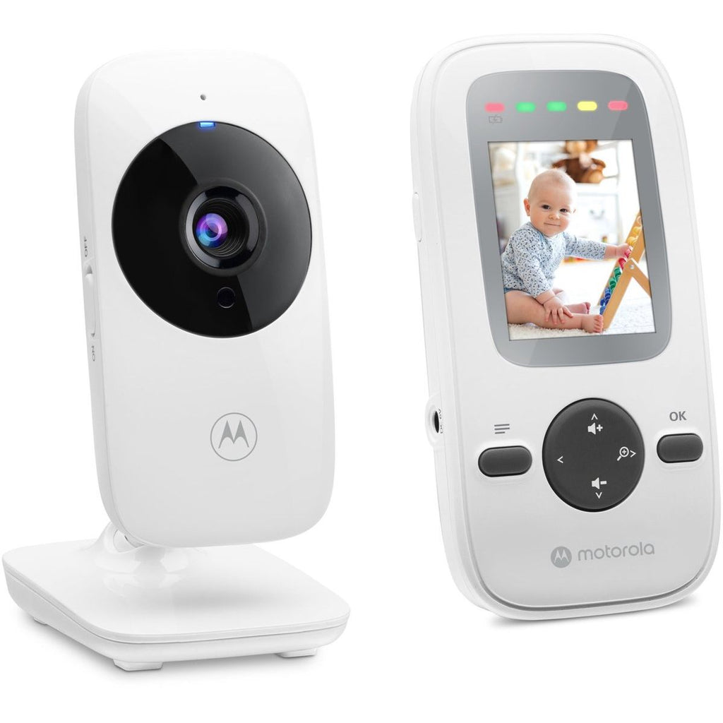 Motorola VM481 video babyfoon – baby monitor met camera – 2 inch kleurenscherm – infrarood nachtzicht – digitale zoom – draadloze babybewaking – bereik tot 300 meter – ouderunit met display – compacte babycamera set wit