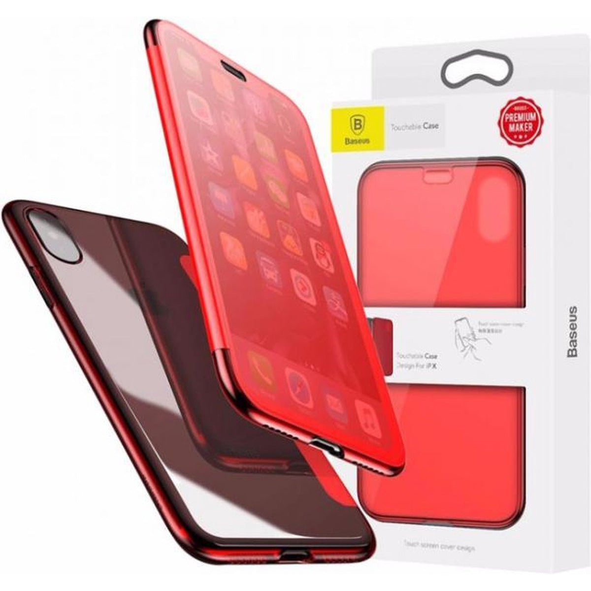 iPhone X / XS hoesje wallet 2 in 1 - Flip case -Visible and Touchable Glass Case - Rood